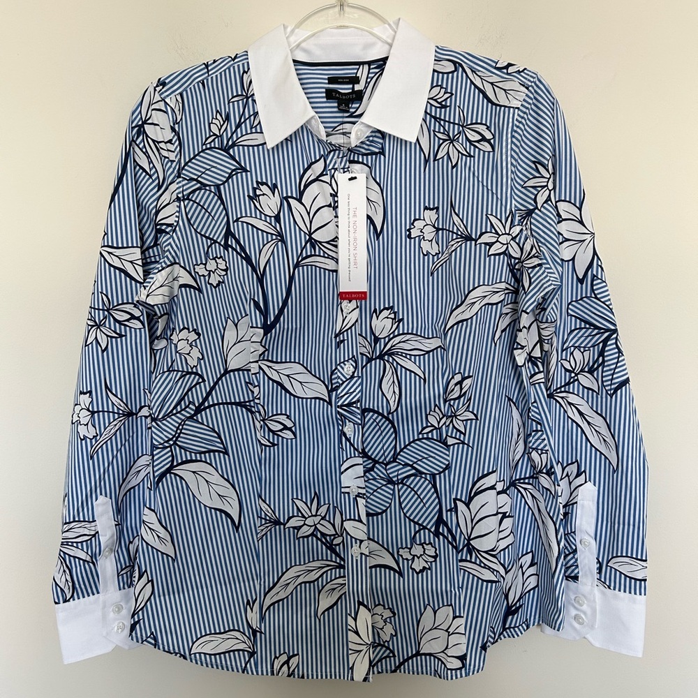 Talbots NON-IRON PERFECT SHIRT - OUTLINE FLORAL STRIPE Size‎ 8 - Picture 2 of 7